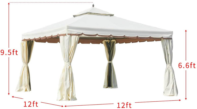 12’ x 12’ Canopy Gazebo Double Roof Patio Gazebo Steel Frame with Netting and Shade Curtains, Cream