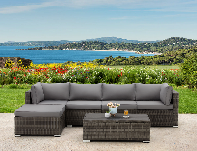 6 Pcs Outdoor Rattan Sectional Sofa All Weather Patio Furniture Set w/ Gray Cushion & Coffee Table