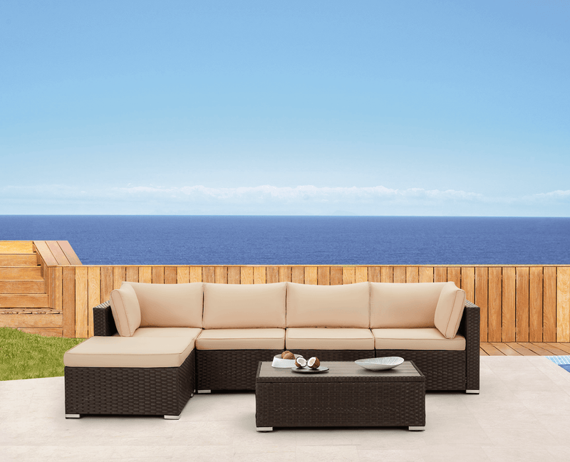 6 Pcs Outdoor Rattan Sectional Sofa All Weather Patio Furniture Set w/ Beige Cushion & Coffee Table