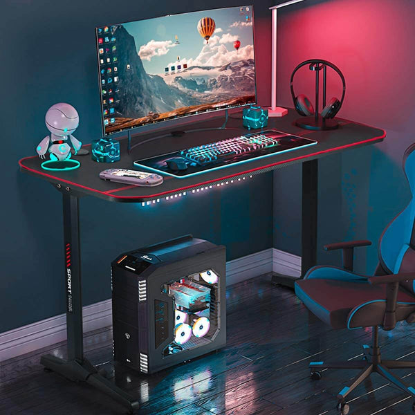55inch Gaming Desk, T Shaped Computer Desk, Office Desk with Cup Holder & Headphone Hook,Professional Home Office Writing Desk with USB Gaming Handle Rack & Full Desk Mouse Pad