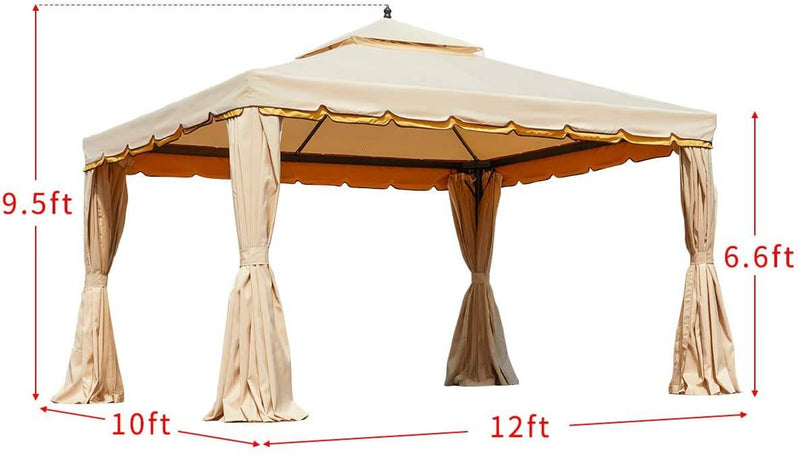 10’ x 12’ Gazebo Double Roof Patio Gazebo Canopy Steel Frame with Netting & Shade Curtains, Beige