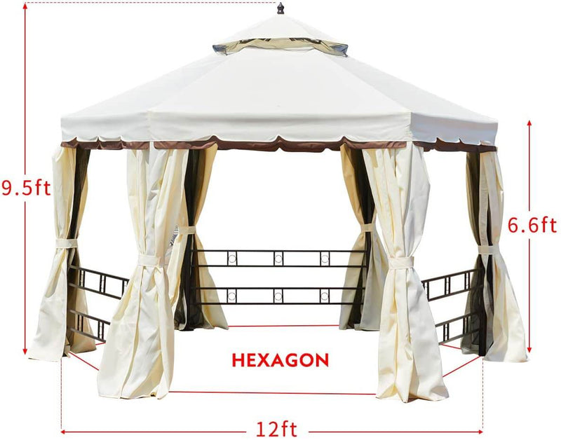 12FT Gazebo Canopy Hexagonal Double Roof Patio Gazebo Steel Frame Pavilion with Netting and Shade Curtains, Cream