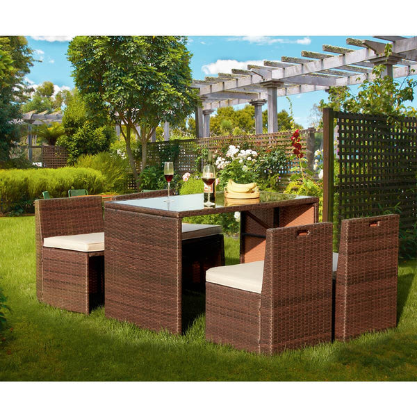 5 Pcs Outdoor Sectional Dining Set Rattan Table & Chairs w/ Seat Cushion, Glass Tabletop