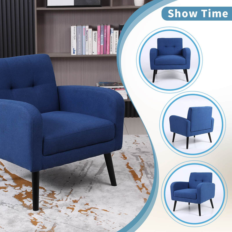 Tufted Upholstered Modern Linen Fabric Accent Chair Comfy Reading Navy Blue