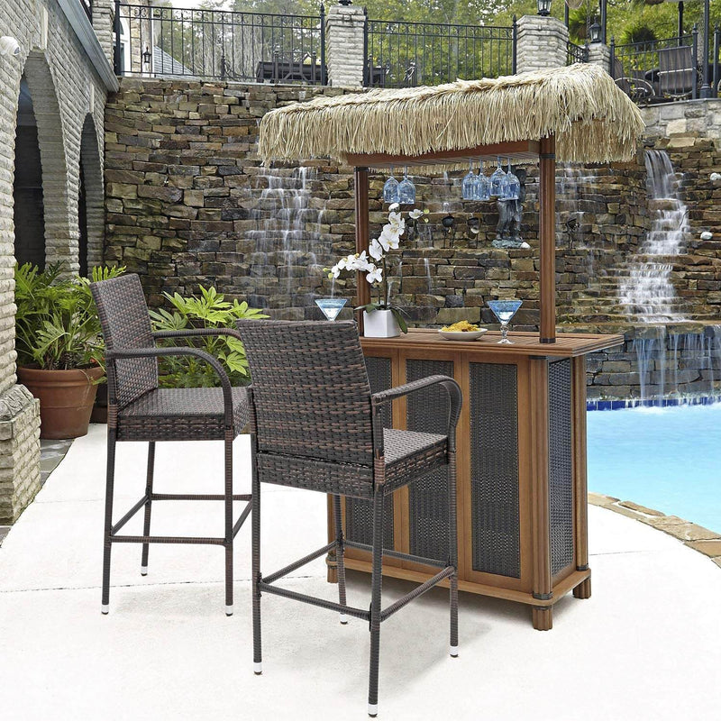 2-Piece Outdoor PE Rattan Wicker Chairs, High Bar Stool Chair, Patio Furniture Set with Armrest and Footrest, Brown