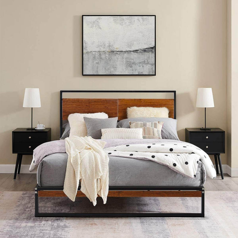 Queen Bed Frame with Wooden Headboard,Platform Metal Bed Frame with Footboard