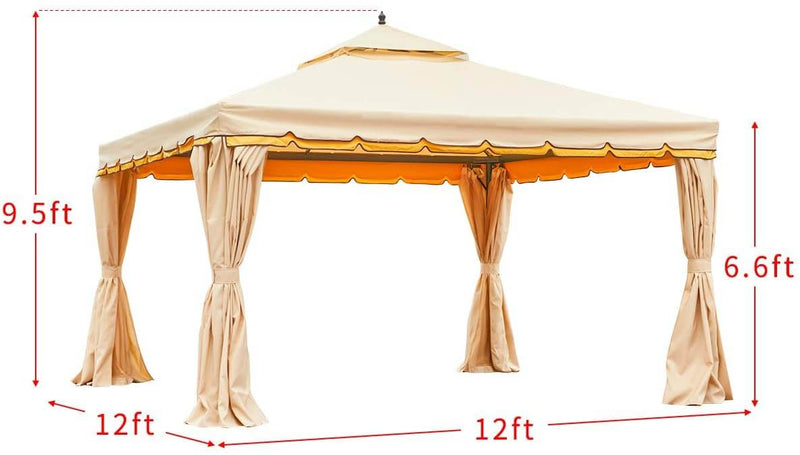 12’ x 12’ Canopy Gazebo Double Roof Patio Gazebo Steel Frame with Netting and Shade Curtains, Beige