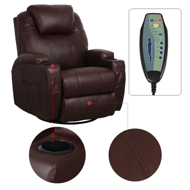 Massage Recliner Chair Heated PU Leather Ergonomic Lounge 360 Degree Swivel, Brown