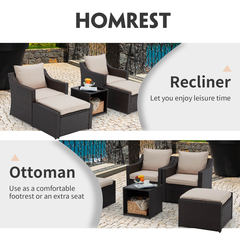 5 Piece Outdoor Patio Furniture Conversation Set with Ottoman, Khaki