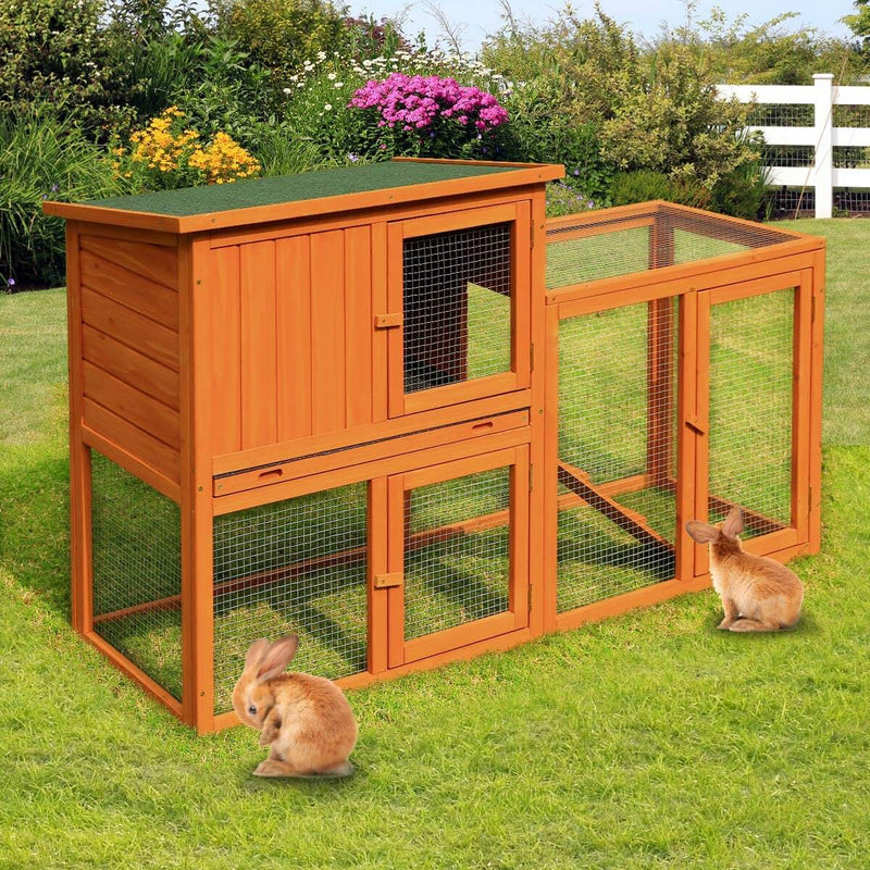Rabbit Hutch Wooden Outdoor Open Roof Removable Tray & Ramp (54.3 inches)