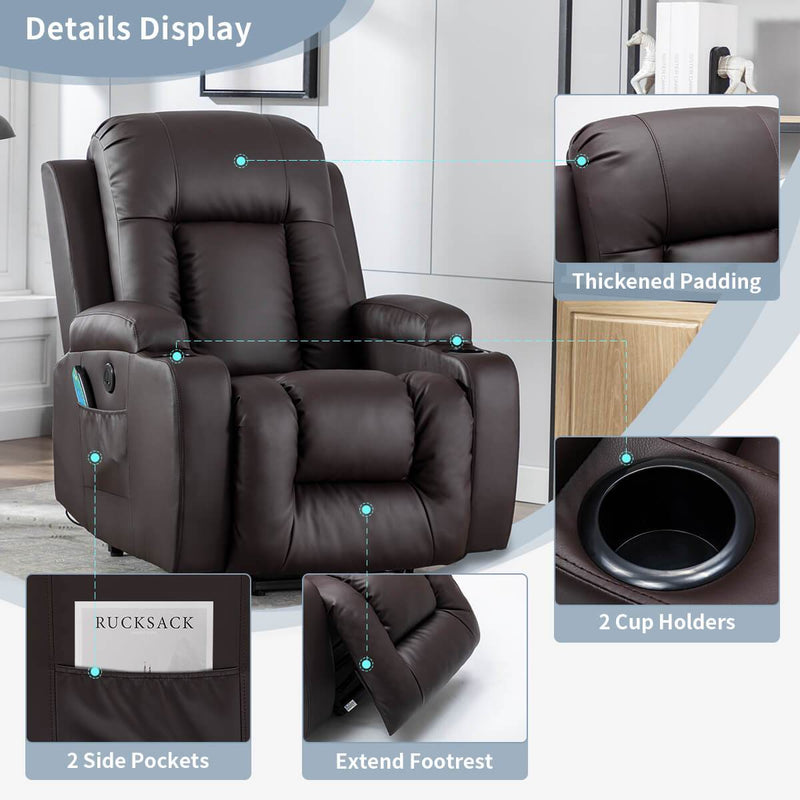 Power Lift Recliner Chair with Massage & Heat for Elderly, PU Leather Electric Recliner with 2 Side Pockets, Cup Holders & USB Port (Brown)
