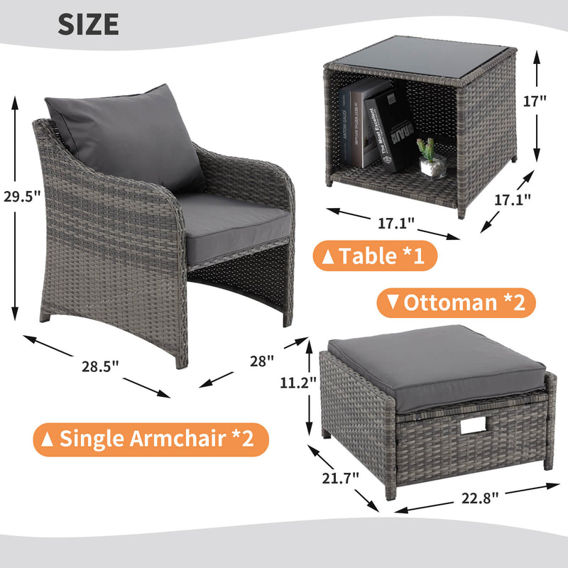 5 Pcs Patio Wicker Recliner Lounge Chair Set with 2 Ottomans, Grey Cushion & Coffee Table
