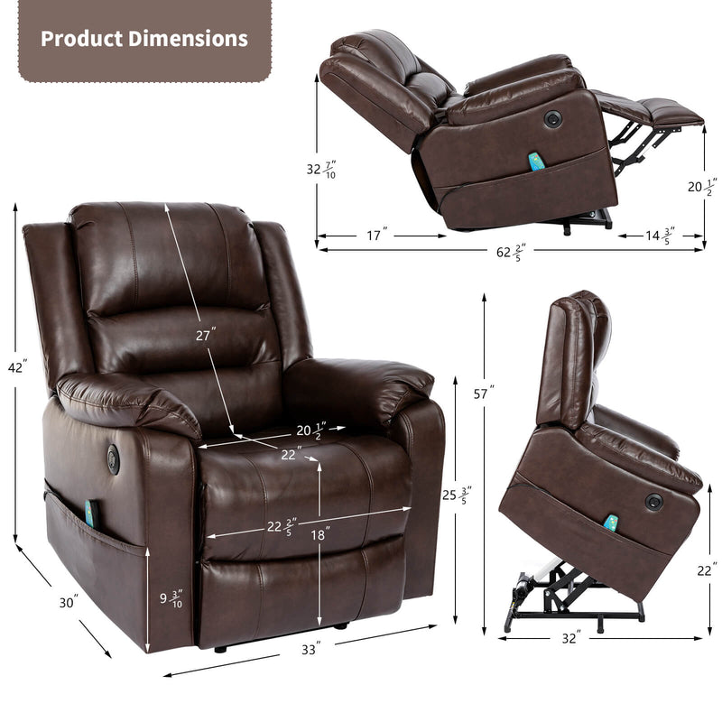 Power Lift Recliner Chair with Massage & Heat for Elderly, Breathe Leather Electric Recliner with 2 Side Pocket & USB Port (Brown)