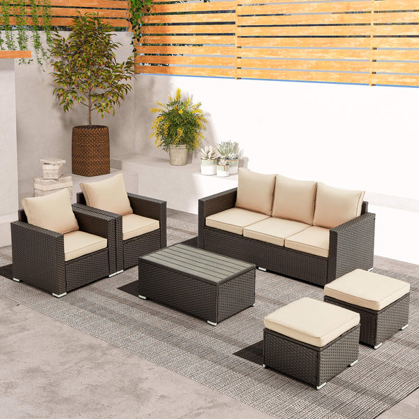 6 Pieces Weaving Wicker Rattan Sofa with Coffee Table,Outdoor Set Furniture Khaki