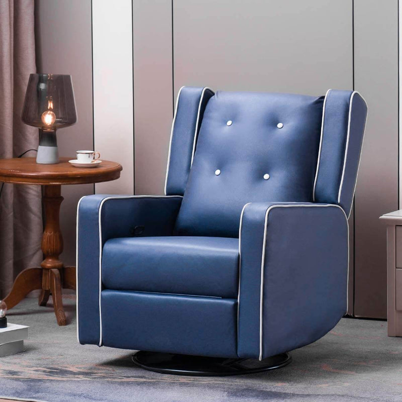 360-Degree Swivel Gliding Recliner,Leathaire Upholstered Recliner Blue
