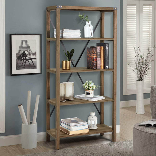 Modern Farmhouse Wood Bookcase Bookshelf Home Office Living Room Storage - 5 Shelf