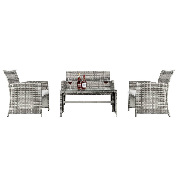 4 Pieces Gray Gradient Pattan Patio Dining Set Combination Sofa With Coffee Table