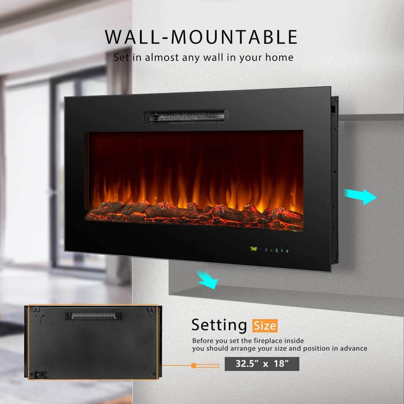 36" Recessed Mounted Electric Fireplace with Timer & Auto-shutoff, 750/1500W