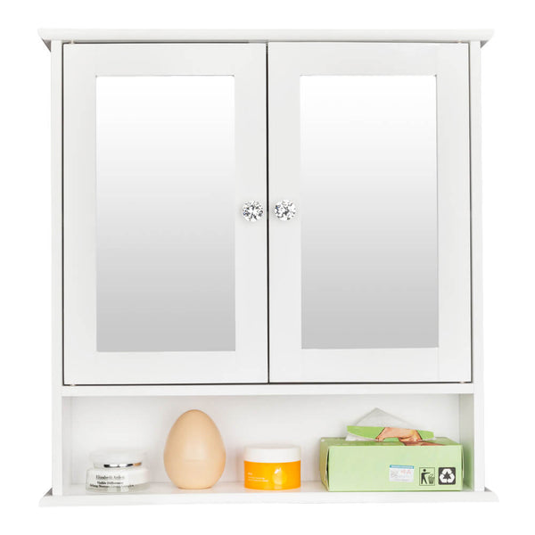 Double Door Mirror Indoor Bathroom Wall Mounted Cabinet Shelf White