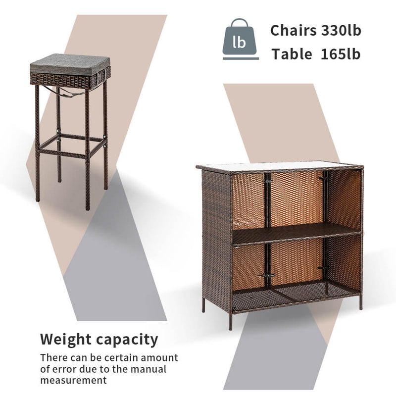 Outdoor 3 Pieces Brown Wicker Bar Set Glass Bar and Two Stools with Cushions