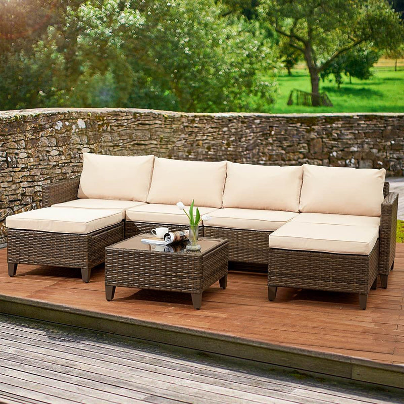 7 Pcs Outdoor Sectional Sofa Rattan Patio Conversation Set w/ 2 Ottomans, Coffee Table, Cushions