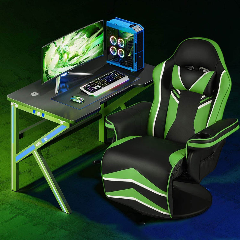 Gaming Chair Recliner Ergonomic Racing Chair with Vibration Massage Adjustable Backrest and Footrest, Swivel Faux Leather Office Chair, Green