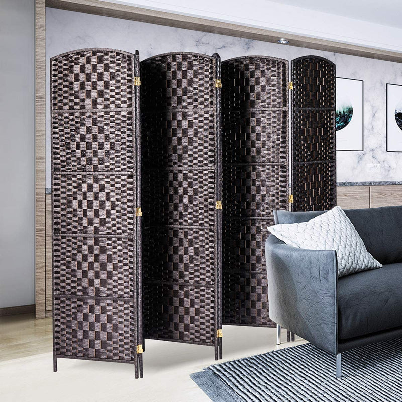 Wooden Room Divider Weave Fiber Room Separator Screen Double Hinged Folding Privacy Screens 6 Panels