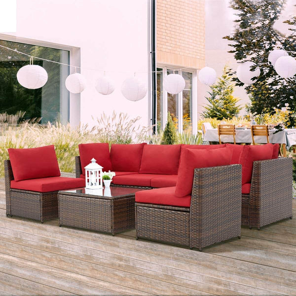 7 Pcs Patio Furniture Set, Wicker Rattan Conversation Sets, Outdoor Sectional Sofa Set, Red Cushion
