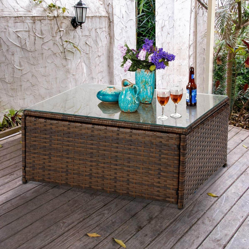 7 Pcs Patio Furniture Set, Wicker Rattan Conversation Sets, Outdoor Small Sectional Sofa Set, Blue Cushion