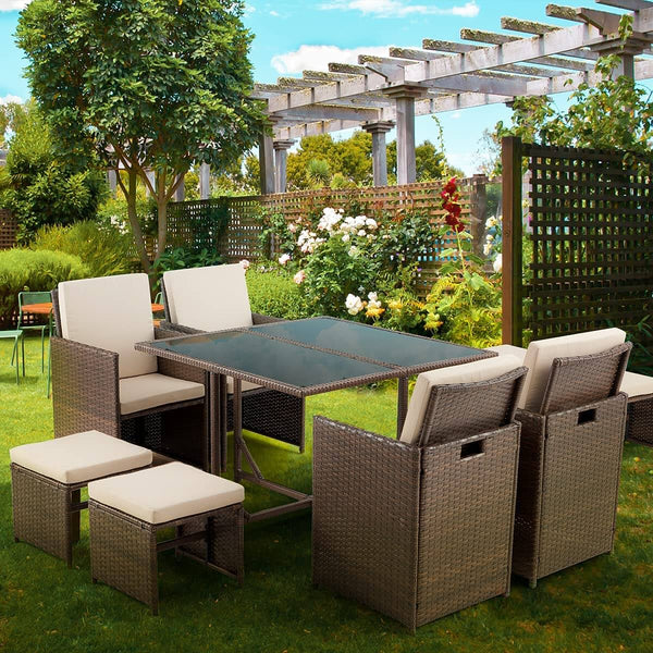 9 Pcs Patio Dining Set Space Saving Rattan Outdoor Sectional Furniture w/ Ottoman, Cushion & Dust Cover