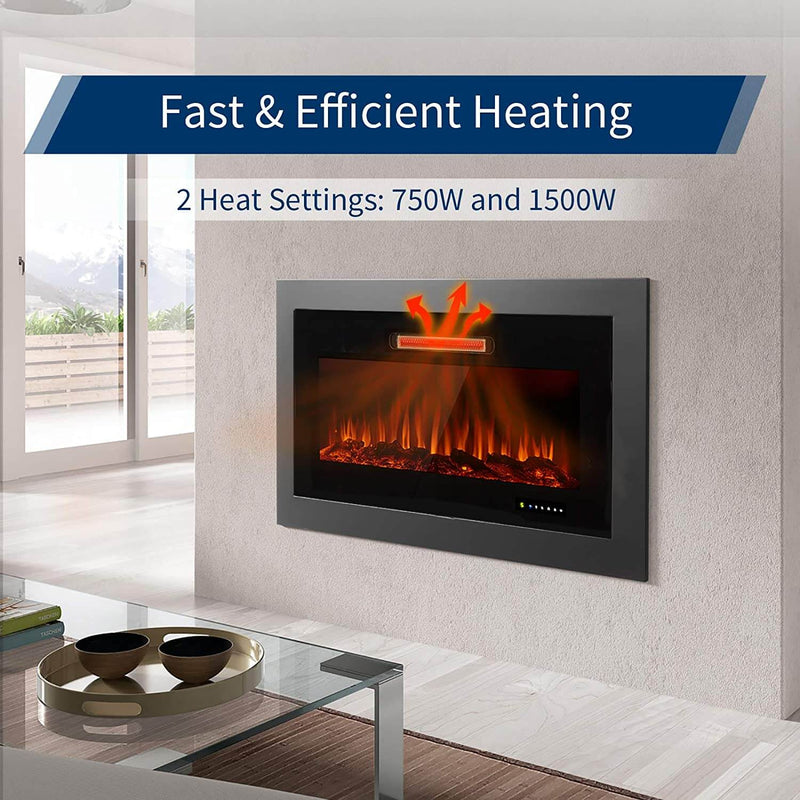 36" Recessed Mounted Electric Fireplace with Timer & Auto-shutoff, 750/1500W
