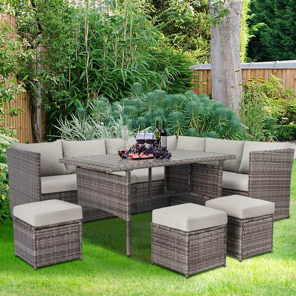 Outdoor Patio Sectional Furniture Set, 7 Pcs Outdoor Conversation Sets, Patio Dining Sets All Weather Wicker Sectional Sofa with Ottoman, Gray