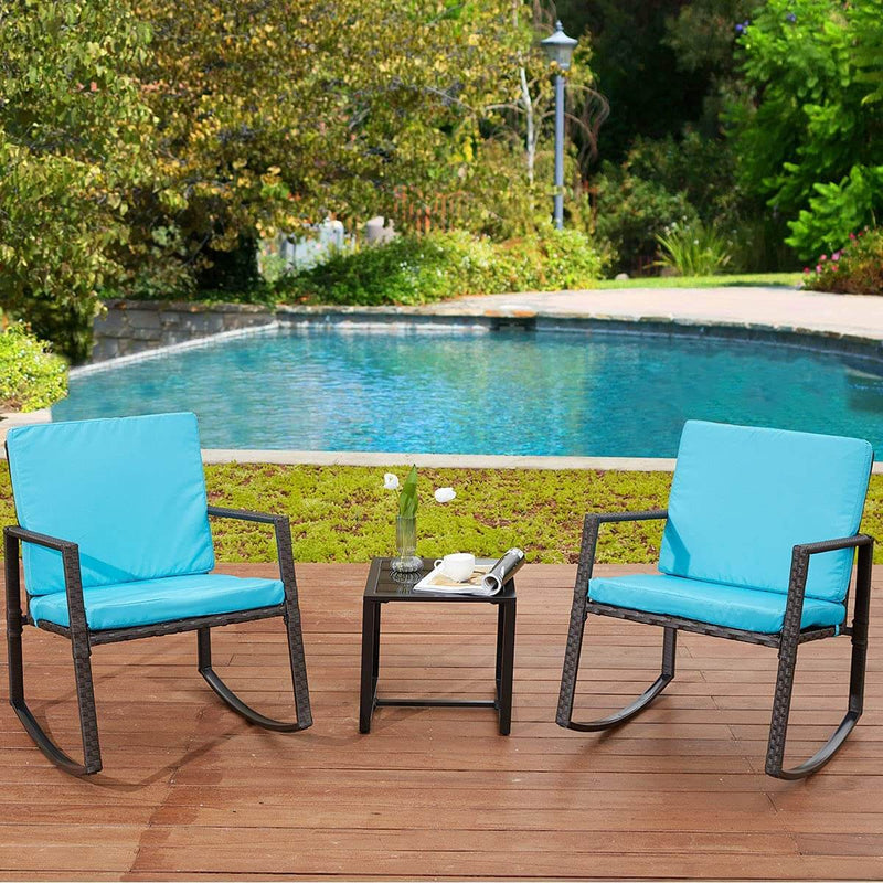 3 Pcs Patio Rocking Bistro Set Wicker Porch Chairs Outdoor Furniture Conversation Set w/ Coffee Table