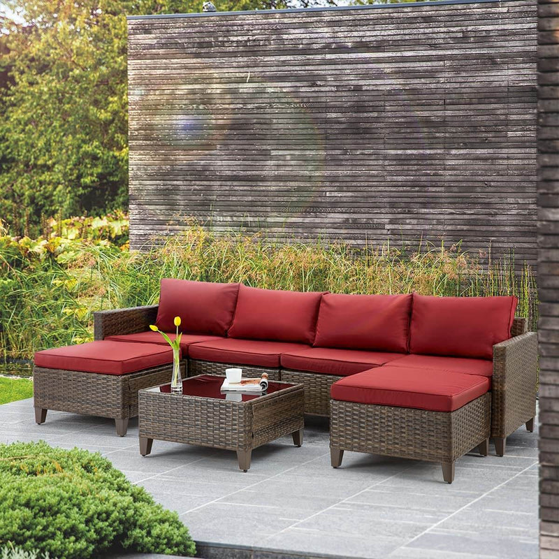 7 Pcs Outdoor Rattan Sectional Sofa Patio Furniture Set w/ Ottomans, Red Cushion & Tea Table
