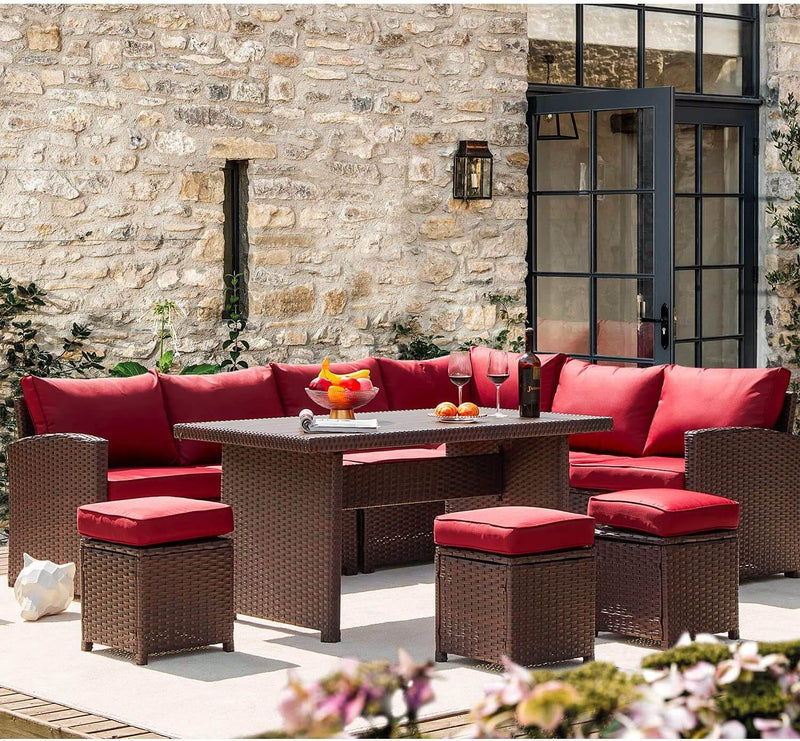 7 Pcs Patio Dining Set All Weather Outdoor Sectional Furniture w/ Ottoman, Red Cushion