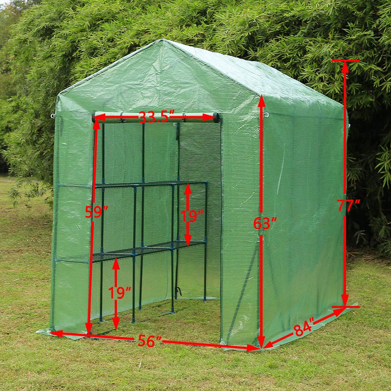 Walk-in Greenhouse, Indoor Outdoor Plant Gardening, 2 Tier 6 Shelves Hot House for Flowers, Plants and Vegetables 56"x 84" x 77", Green