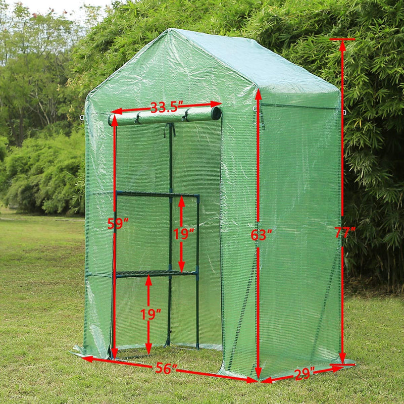 Walk-in Greenhouse,Indoor Outdoor Plant Gardening, 2 Tier 2 Shelves Hot House for Flowers, Plants and Vegetables 56"x 29" x 77" Green