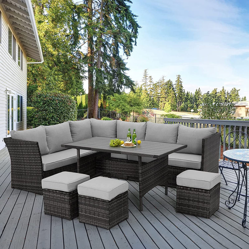 AECOJOY 7 Piece Patio Conversation Set with Dining Table in Gray