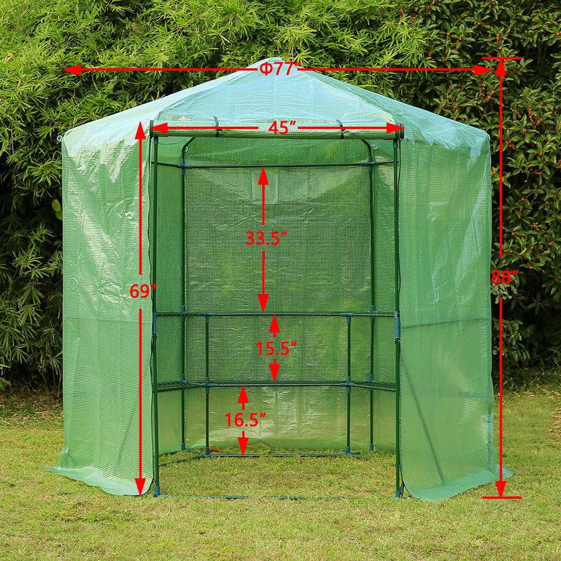 7.5FT Portable Greenhouse 3-Tier Shelf Hexagonal Walk-in Green House Kit, Plant Hot House, Green