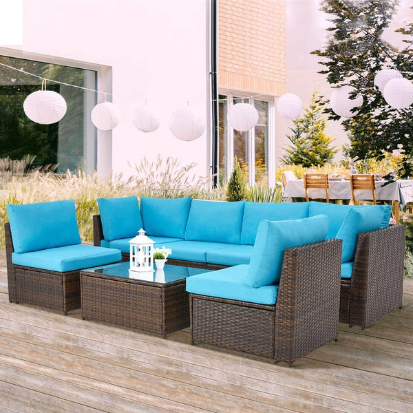 7 Pcs Patio Furniture Set, Wicker Rattan Conversation Sets, Outdoor Small Sectional Sofa Set, Blue Cushion