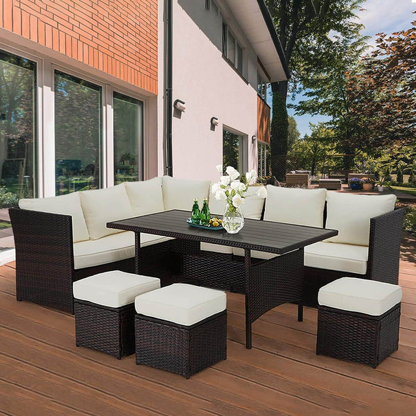 7 Pcs Patio Rattan Sectional Sofa Outdoor Dining Set with Ottoman