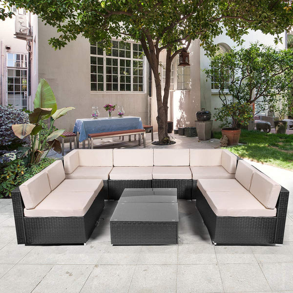 10 Pieces Patio PE Rattan Wicker Sofa Set Outdoor Sectional Furniture Conversation Chair Set with Cushions and Tea Table Black