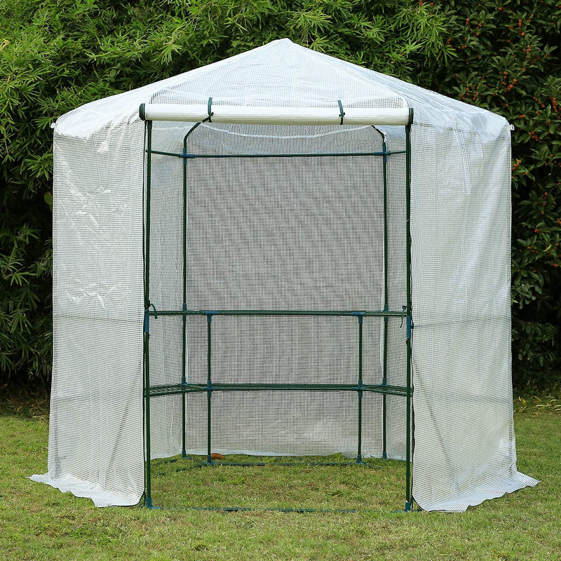 7.5FT Portable Greenhouse 3-Tier Shelf Hexagonal Walk-in Green House Kit,Plant Hot House, White