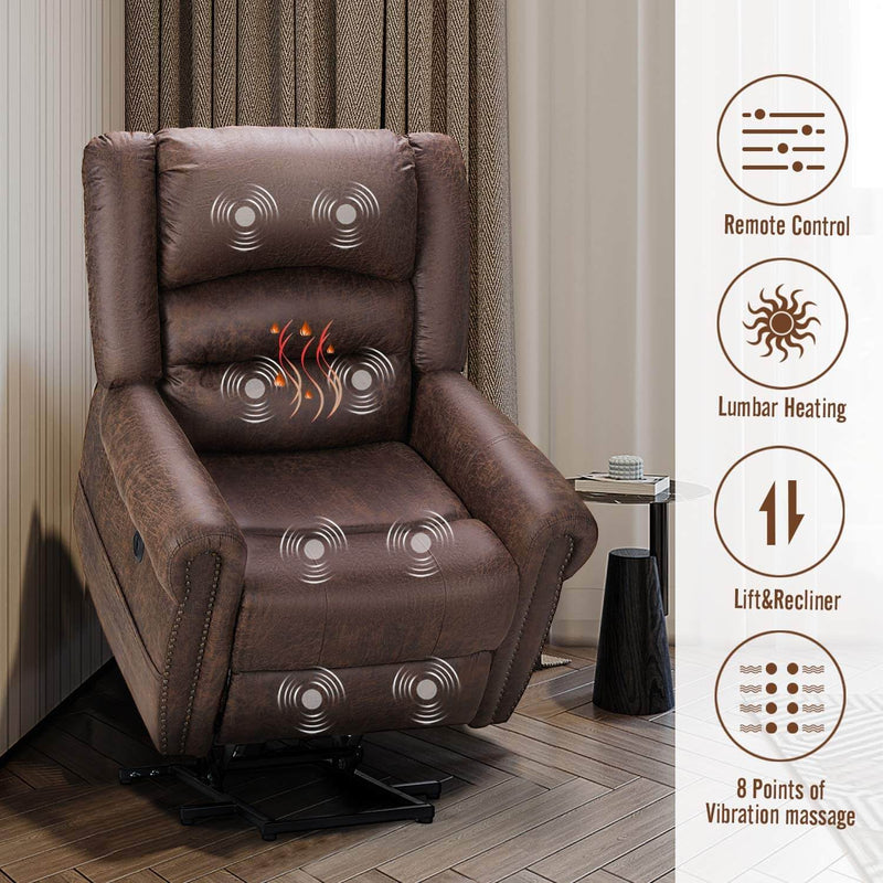 Power Lift Recliner Chair for Elderly, Faux Leather with Rivet Design Electric Recliner Chair with Heated Vibration Massage, Side Pockets & USB Port, Nut Brown