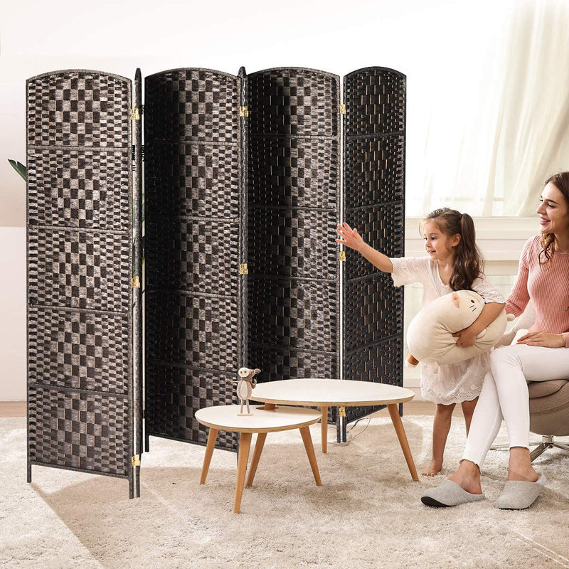 Wooden Room Divider Weave Fiber Room Separator Screen Double Hinged Folding Privacy Screens 6 Panels