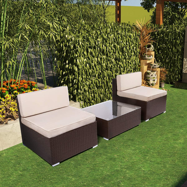 3 Piece Patio PE Rattan Wicker Sofa Set Outdoor Sectional Furniture Chair Set with Cushions and Tea Table