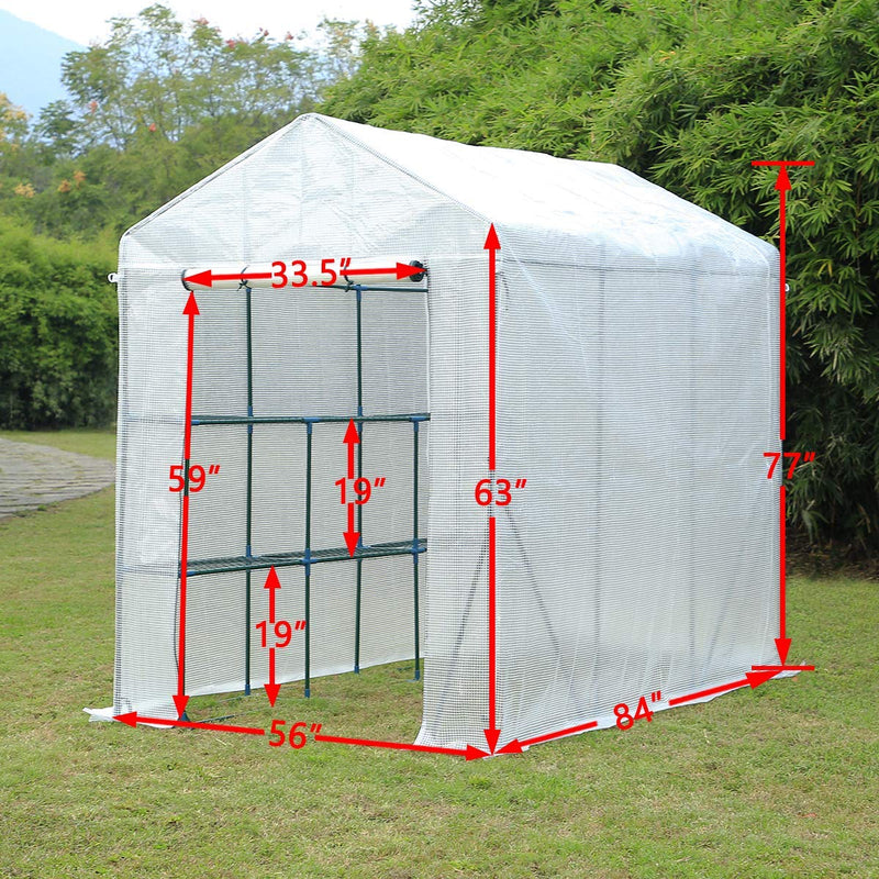 Walk-in Greenhouse, Plant Garden Greenhouse Indoor Outdoor , 2 Tier 6 Shelves Hot House for Flowers, Plants and Vegetables 56"x 84" x 77" White
