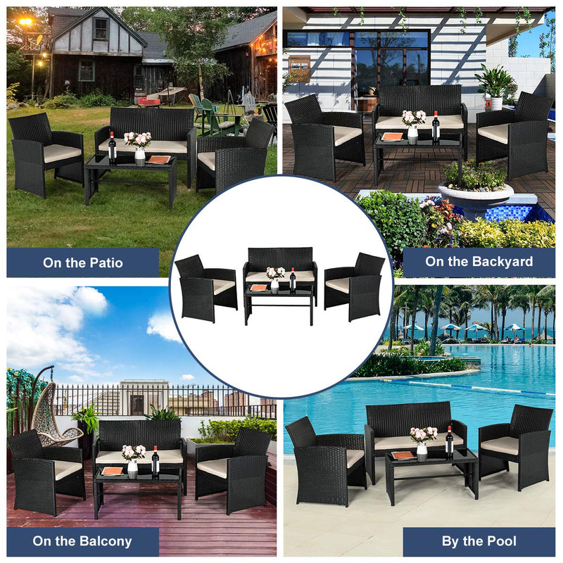 4-Piece Wicker Outdoor Patio Furniture Sets Rattan Patio Conversation Furniture Sets Wicker Chair Set with Cushion for Porch Garden Poolside with Coffee Table, Black