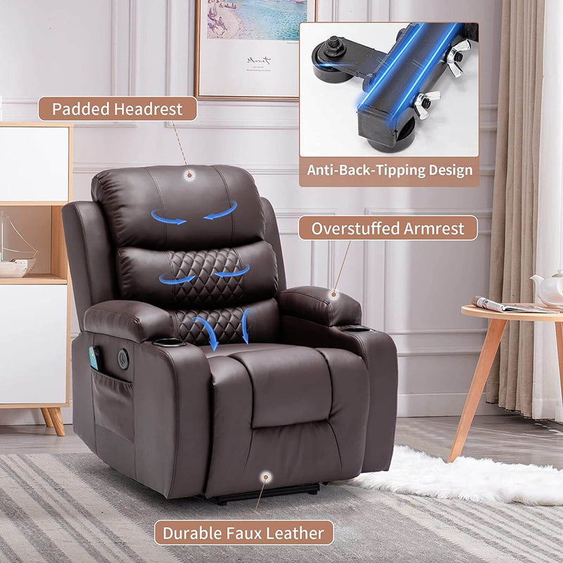 Power Lift Recliner Chair with Heated & Vibration Massage for Elderly, PU Leather Electric Recliner Sofa with Diamond Lattice Backrest Design(Brown)