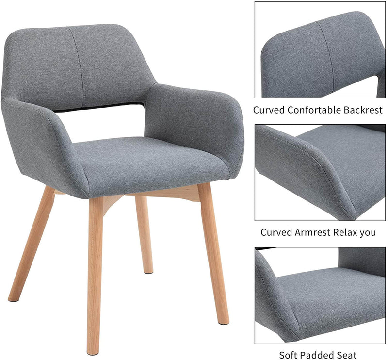Modern Living Dining Room Accent Arm Chairs, Fabric Mid-Century Upholstered Seat with Solid Wood Legs, Gray